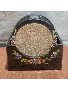 Vintage Wooden Floral Coaster Set Storage Caddy and 5 Coasters